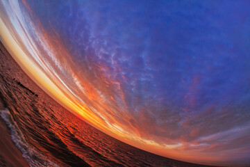 Beautiful sunset on the sea. Fisheye lens