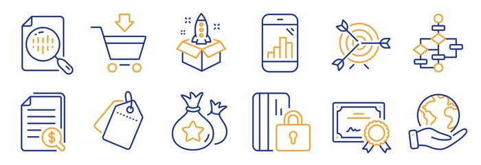 Set of Finance icons, such as Block diagram, Online market. Certificate, save planet. Sale tags, Graph phone, Startup. Loyalty points, Target, Blocked card. Vector