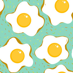 Cartoon fried eggs seamless for textile design. Bright white kitchen. White background, isolated. Healthy food. Healthy fresh nutrition. Vector icon. Abstract yellow background. Top view.