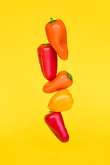 Cooking concept. Colored peppers on a yellow background.