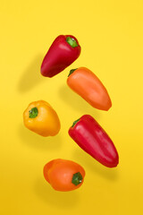 Colored peppers on a yellow background. Cooking concept