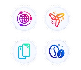 Smartphone, Eco energy and Wind energy icons simple set. Button with halftone dots. Coffee beans sign. Phone, Ecology, Ventilator. Roasted seeds. Business set. Gradient flat smartphone icon. Vector
