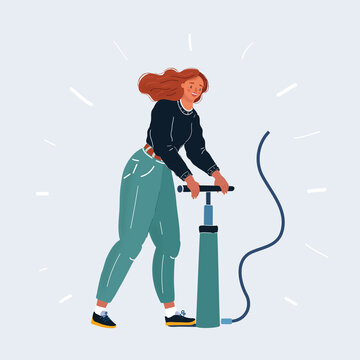 Vector illustration of woman. Man inflates the air something with a pumper. Pump it up character.