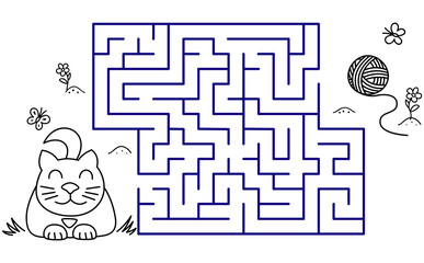 Black coloring pages with maze. Cartoon cat and clew. Kids education art game. Template design with pet on white background. Outline vector