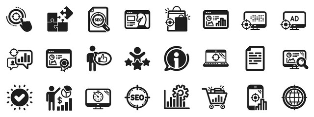 Set of Increase sales, Business Ad strategy and Website optimization icons. Seo icons. Puzzle, Web seo timer and Analytics increase graph. Search engine, Ad sales pie chart, like icon. Vector