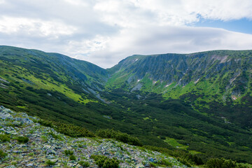 Panoramic photo of summer mountain of Tatra ridge, Slovakia, summer in the mountains. Travel and hike