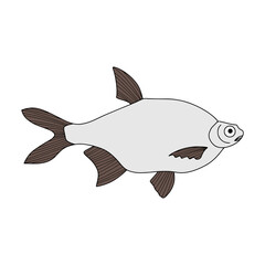 Doodle fish icon isolated on white. Seafood, logo. Hand drawing art line. Sketch vector stock illustration. EPS 10