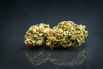 Two Cannabis buds on dark background, close-up