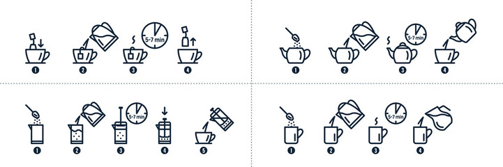 Tea, coffee making, brew process icons. Hot drink brew