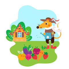 Obraz na płótnie Canvas Cute mouse holding basket with vegetables and fruits. rat cartoon flat vector illustration.