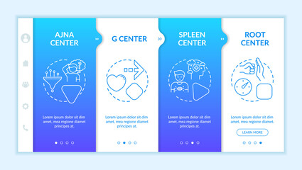 Energy channels onboarding vector template. Centers on human body. Esoteric knowledge of personality. Responsive mobile website with icons. Webpage walkthrough step screens. RGB color concept
