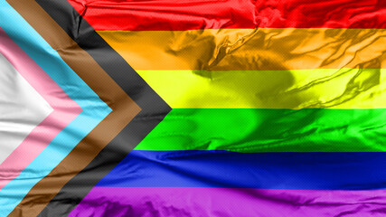 LGBT Rainbow Flag with inclusion and progression colors. Symbol of lesbian, gay, bisexual & transgender community. Black and brown stripes to represent marginalised.