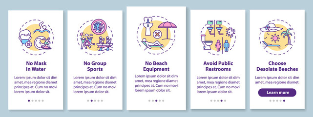 Beach safety onboarding mobile app page screen with concepts. Methods of preventing spread of coronavirus walkthrough 5 steps graphic instructions. UI vector template with RGB color illustrations