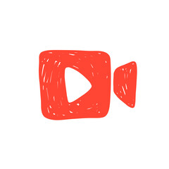 Red Hand drawn Button with video button icon.