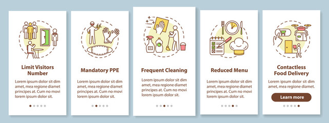 Cafe and restaurants safety guidelines onboarding mobile app page screen with concepts. Prevent spread covid walkthrough 5 steps graphic instructions. UI vector template with RGB color illustrations