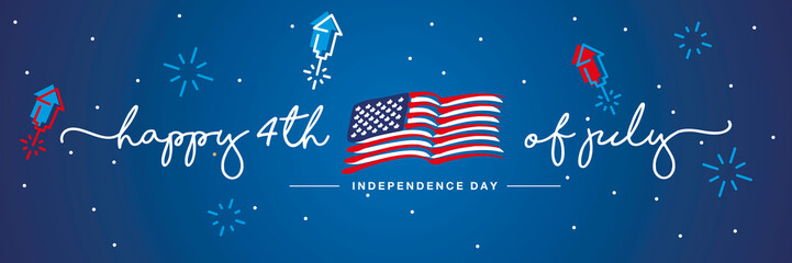 Happy 4th of july Independence day handwritten typography USA abstract wavy flag firework confetti stars blue background banner - obrazy, fototapety, plakaty