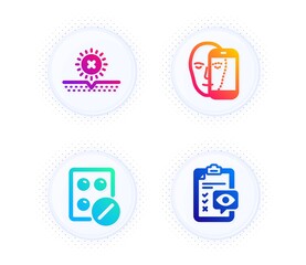 Medical tablet, No sun and Face biometrics icons simple set. Button with halftone dots. Eye checklist sign. Medicine pill, Uv protect, Facial recognition. Optometry. Healthcare set. Vector