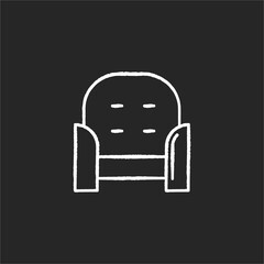 Armchair front chalk white icon on black background. Cozy chair for home interior. Seat with cushion for relaxation. Apartment amenities, furnishing for home. Isolated vector chalkboard illustration