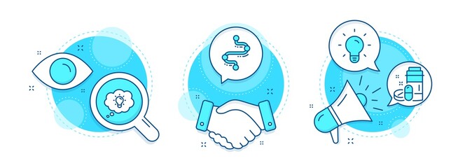 Energy, Light bulb and Medical drugs line icons set. Handshake deal, research and promotion complex icons. Timeline sign. Lightbulb, Lamp energy, Medicine bottle. Journey path. Science set. Vector