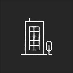 Building chalk white icon on black background. Tall construction with apartments. Urban condominium for community living. Residence in skyscraper. Isolated vector chalkboard illustration