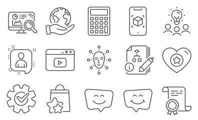 Set of Technology icons, such as Cogwheel, Smile chat. Diploma, ideas, save planet. Loyalty points, Video content, Algorithm. Face biometrics, Augmented reality, Developers chat. Vector