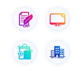Feather signature, Seo shopping and Computer icons simple set. Button with halftone dots. Buildings sign. Feedback, Analytics, Pc component. Town apartments. Business set. Vector