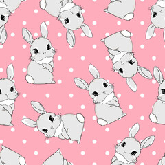 Cute Bunny on a pink background. Polkadot. Rabbit Vector illustration. Print design for baby textiles, cute fabric.