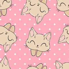 Cute cat on a pink background. Polkadot. Vector illustration. Print design for baby textiles, cute fabric.