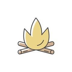 Fireplace RGB color icon. Burning flame for campsite. Campfire for hiking in forest. Hot light of firewood. Burning heat. Fiery sticks. Outdoors comfort. Isolated vector illustration