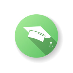 Graduation cap green flat design long shadow glyph icon. College mortarboard. University graduate. Student hat. Academic education. Master degree. Bachelor diploma. Silhouette RGB color illustration