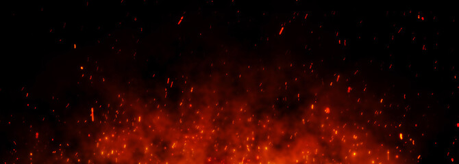 Fototapeta na wymiar fire sparks over black background. Fire sparks background. Abstract dark glitter fire particle lights. 