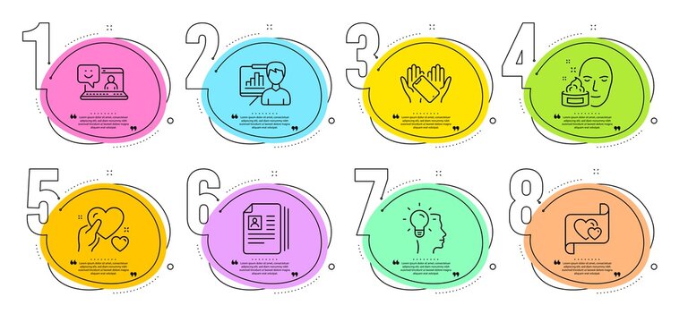 Idea, Face cream and Cv documents signs. Timeline steps infographic. Hold heart, Smile and Presentation board line icons set. Love letter, Smartphone holding symbols. Vector