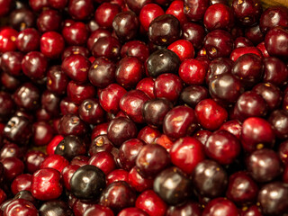 Tasty cherries prepared in the box to be sold. Red fruit.