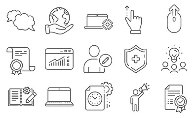 Set of Technology icons, such as Notebook, Notebook service. Diploma, ideas, save planet. Project deadline, Touchscreen gesture, Engineering documentation. Vector