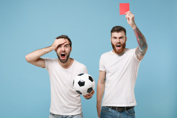 Screaming men guys friends in white t-shirt isolated on blue background. Sport leisure concept....