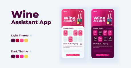 Wine buying assistant smartphone interface vector templates set. Mobile app page light and black theme design layouts. Flat UI for application. Alcohol taste virtual assistance screens. Phone displays