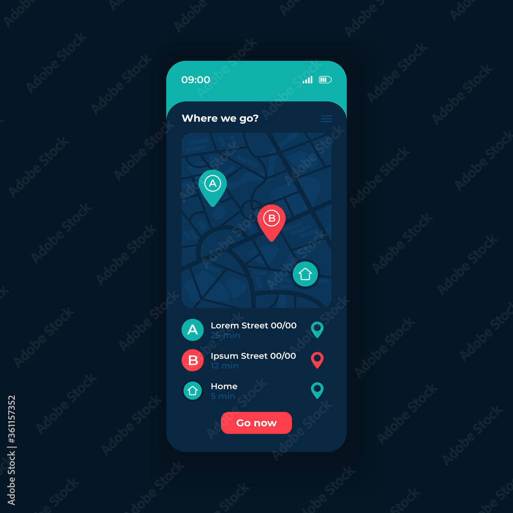 Canvas Prints City transport navigation app smartphone interface vector template. Mobile app page night theme design layout. Buses locations screen. Flat UI for application. GPS map with markers on phone display