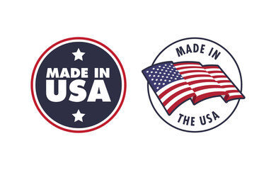 Made in the USA badge collection. American proud badge. United States of America flag color symbol.
