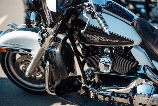 Shchomyslitsa, Belasus - April 13, 2019 . Emblem and engine of Harley Davidson. Motorcycle Harley Davidson