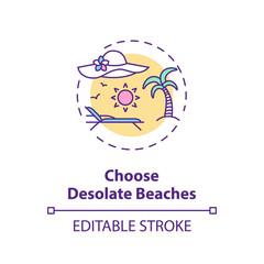 Choose desolate beaches concept icon. Beach safety idea thin line illustration. Protect yourself from getting coronavirus infection. Vector isolated outline RGB color drawing. Editable stroke