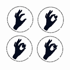 The silhouette of a woman hand. A set of four drawings on an isolated background with elements between your fingers.