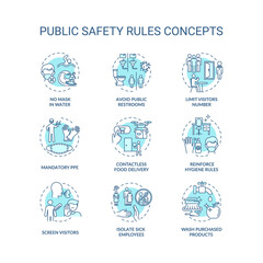 Public safety rules concept icons set. Workplace safety guidelines idea thin line illustration. Contactless food delivery. Screen visitors. Vector isolated outline RGB color drawing. Editable stroke