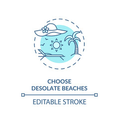 Choose desolate beaches concept icon. Beach safety idea thin line illustration. Sunbath, swimming alone on secluded beaches. Vector isolated outline RGB color drawing. Editable stroke