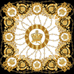 Fototapeta na wymiar golden floral baroque pattern in white black background. Antique new season style
