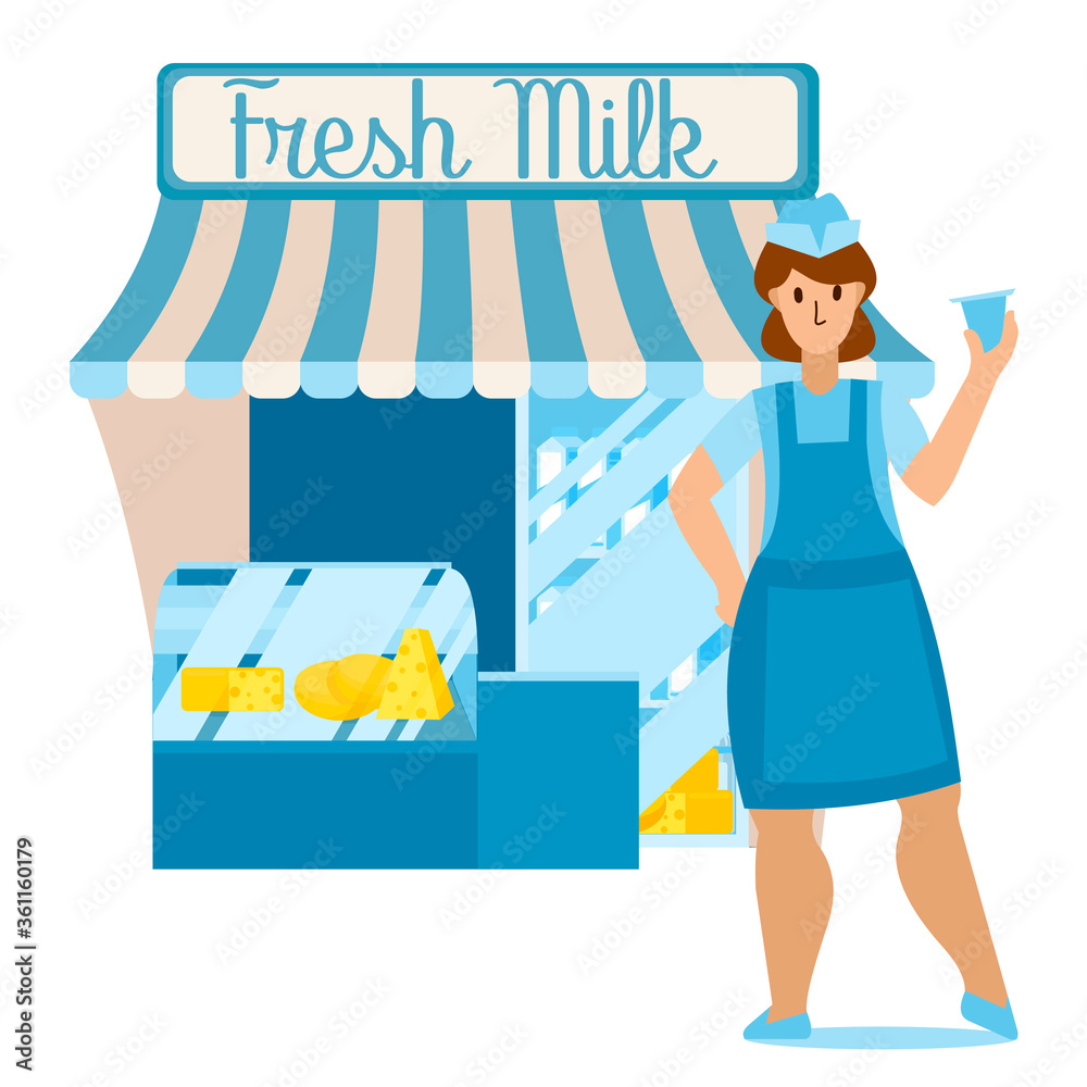 Sticker Cartoon Color Character Person Female and Food Market Fresh Milk Concept. Vector