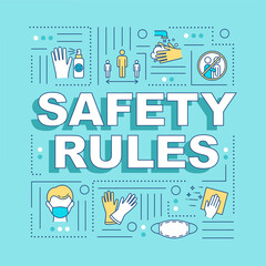 Safety rules word concepts banner. Infographics with linear icons on blue background. Keep safe distance. Wash your hands with soap. Isolated typography. Vector outline RGB color illustration