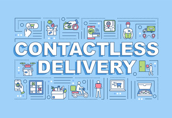 Contactless delivery word concepts banner. Infographics with linear icons on blue background. Order food online. Use digital payments. Isolated typography. Vector outline RGB color illustration