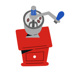 Manual coffee grinder, vintage mill for grinding coffee beans, wooden box with metal handle, retro utensil for coffee shop or cafe, isolated vector illustration