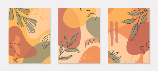 Fototapeta na wymiar Set of artistic modern vector illustrations with organic shapes,leaves,graphic elements.Terracotta art prints.Trendy contemporary design perfect for banners templates;social media,invitations;covers.