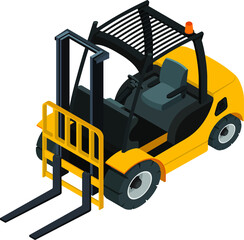 Forklift isometric concept. Vector design. The mechanism for non-contact loading of heavy cargoes to a height. Vector design. 3d, flat, illustration. Element for infographics and game design.